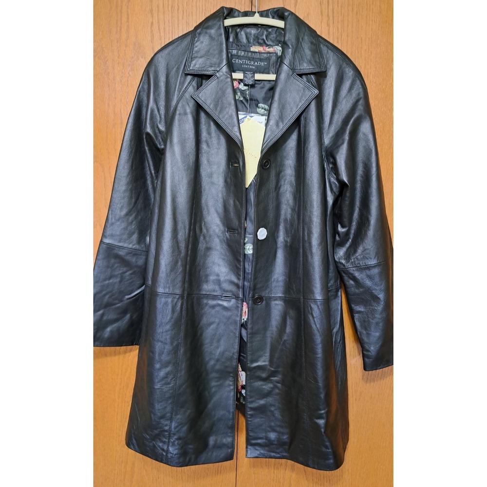 Centigrade Women's Black Leather Jacket Coat Button-Up Long Sleeve M Lined NWT